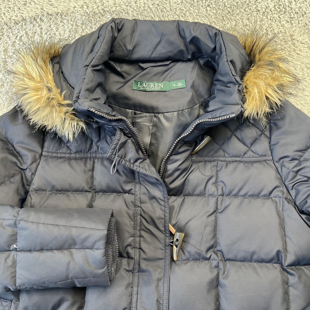 Lauren Ralph Lauren Down Parka Jacket Medium‎ Blue Hooded Luxury Puffer Quilted